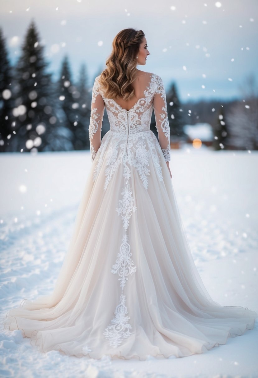 A flowing winter wedding dress adorned with intricate lace designs, set against a snowy backdrop