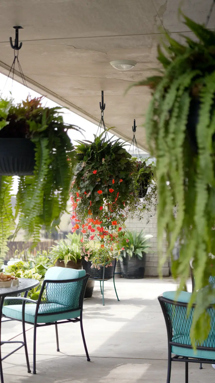 Patio fall hanging baskets, filled with cascading begonias and ferns.