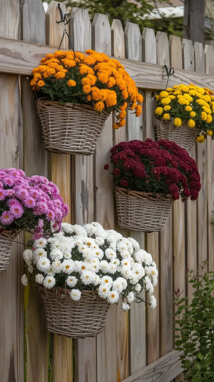 Fence mounted baskets with different colored mums against the weathered wood. Fall hanging baskets