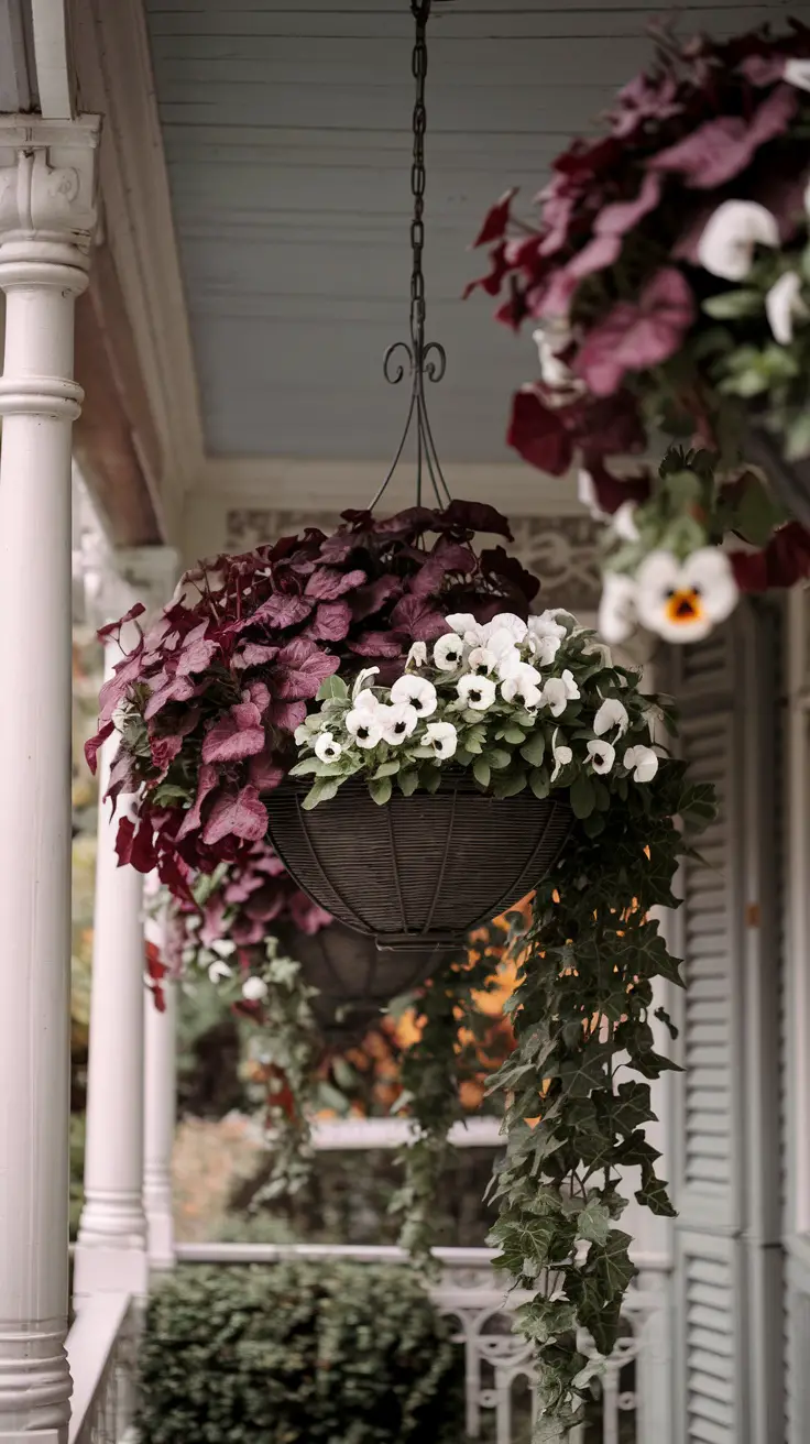 wire baskets combine heuchera, white pansies, and cascading ivy