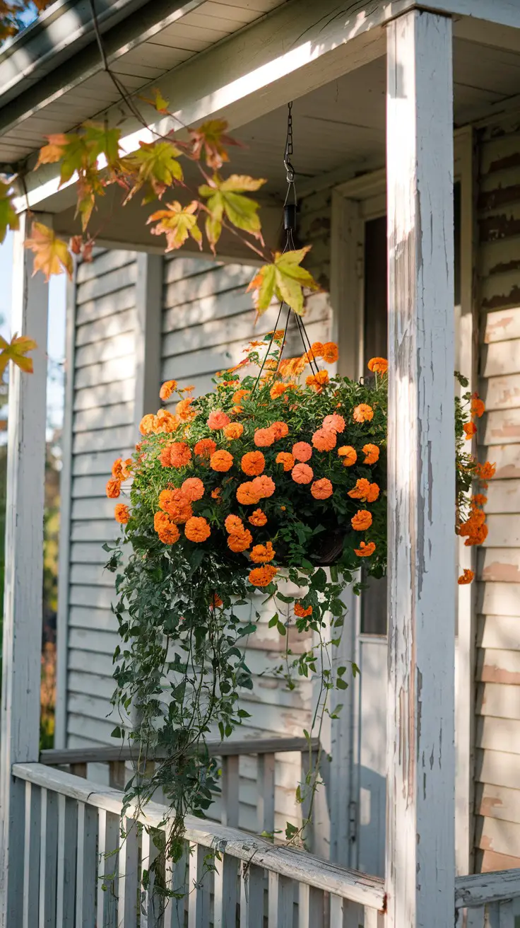 Hanging basket featuring orange marigolds and trailing ivy on a weathered wooden porch