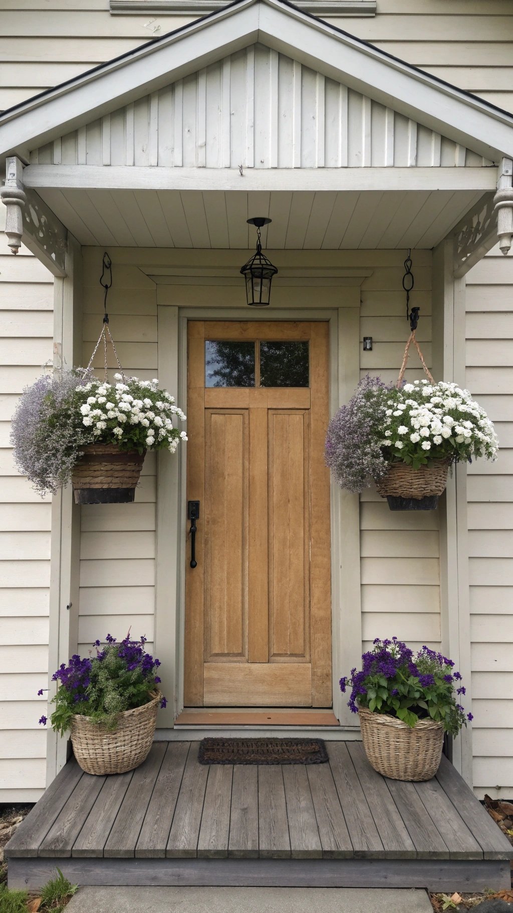 Fall hanging baskets filled with white mums, silver dusty miller, and deep purple pansies