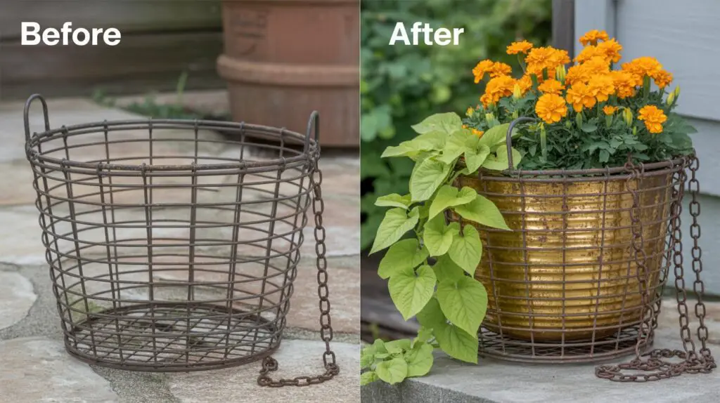 upcycling project. The "Before" shot on the left shows a rusty, forgotten wire basket turned into a hanging basket