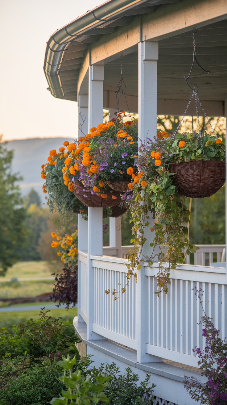 wraparound farmhouse porch fall hanging basket orange marigolds, purple asters, and trailing sweet potato vine