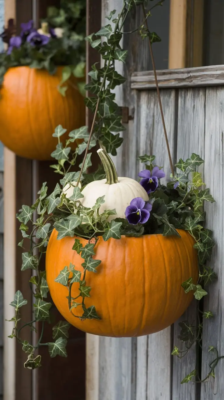 Hollowed sugar pumpkins serving as hanging planters. The planters are filled with trailing ivy and mini white pumpkins, which are nestled among purple violas