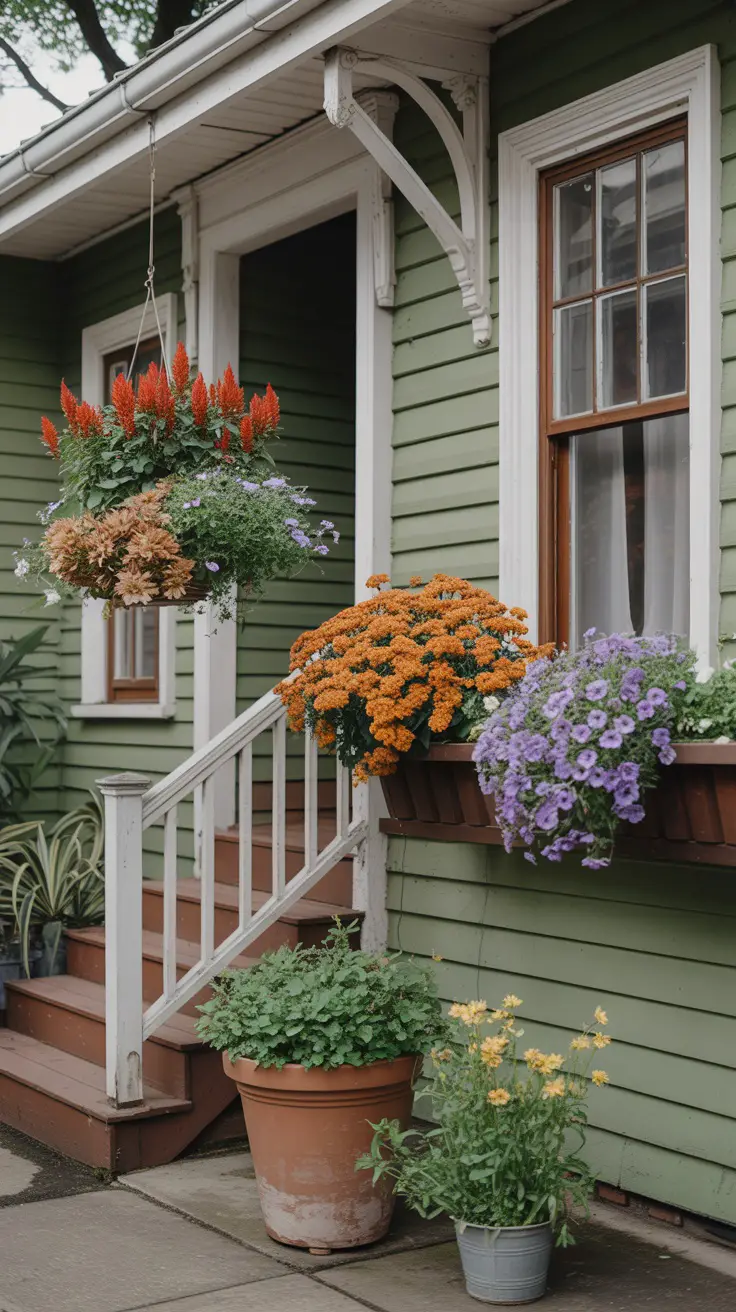 Fall hanging basket - succession of blooms—starting with orange celosia, transitioning to bronze mums, finishing with purple pansies.