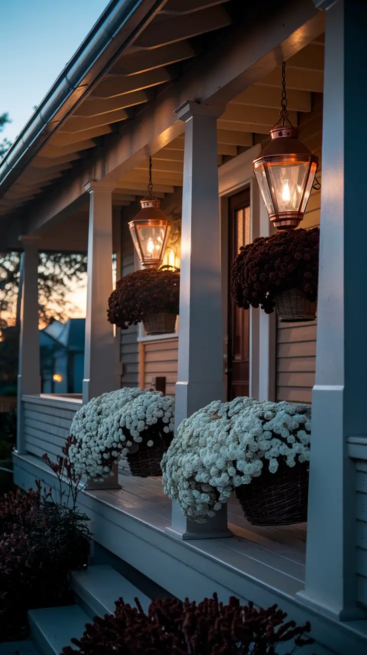 Even porch with fall hanging baskets