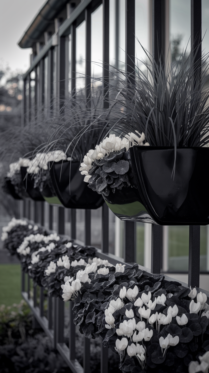 Sleek black plastic baskets, filled with architectural grasses and white cyclamen.