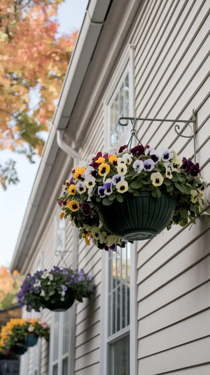 Fall hanging baskets overflow with multicolored pansies