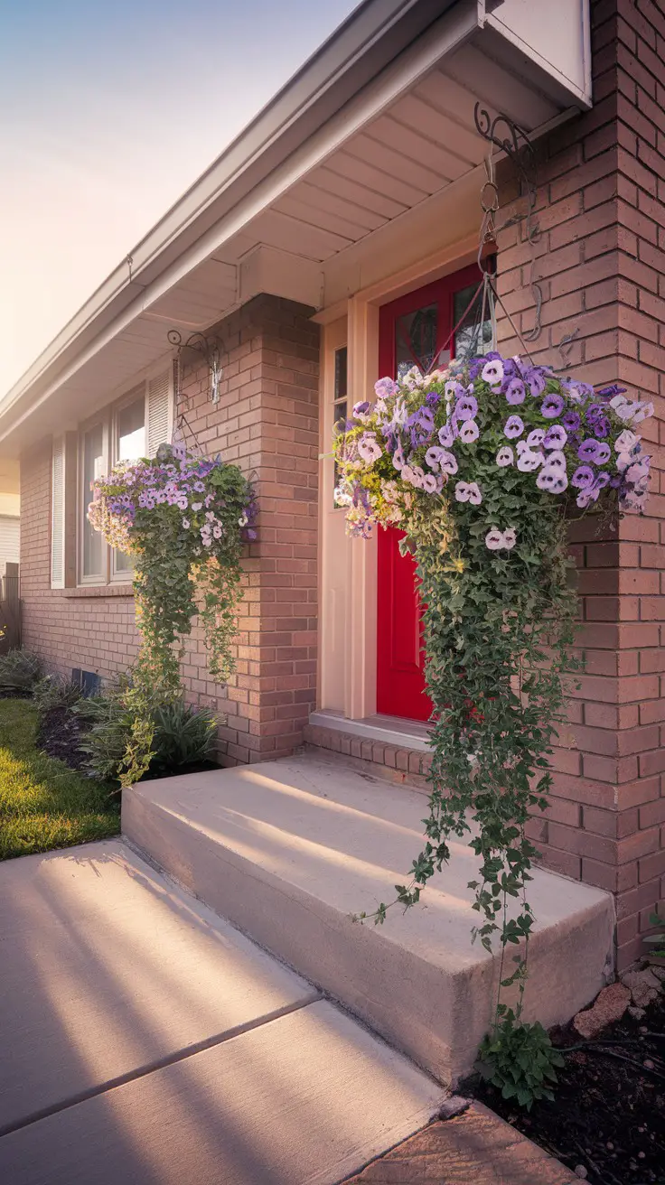 Fall hanging baskets with purple pansies, silver dusty miller, and cascading English ivy
