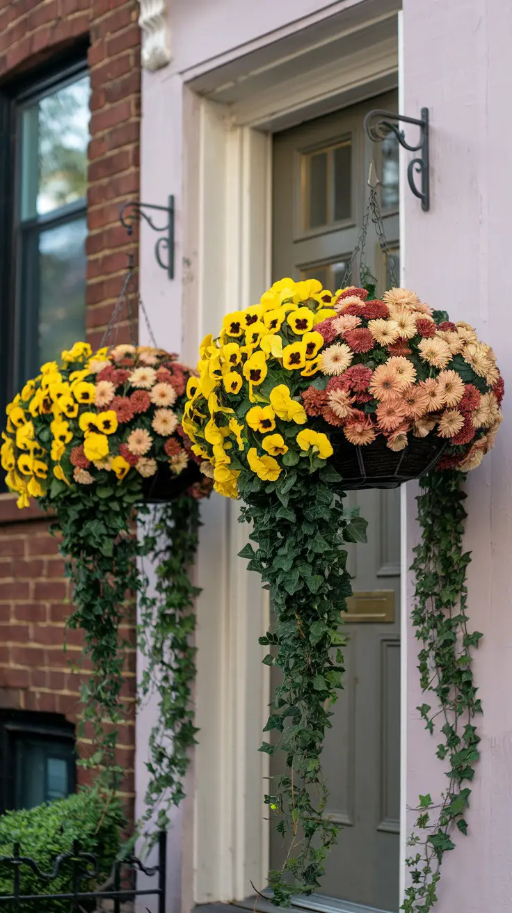 Fall hanging baskets Yellow pansies, bronze mums, and cascading ivy