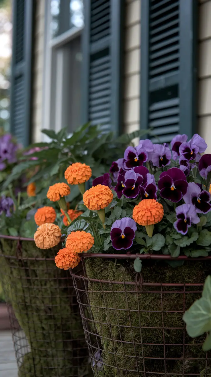 Fall vintage wire baskets lined with moss, with orange marigolds and deep purple pansies