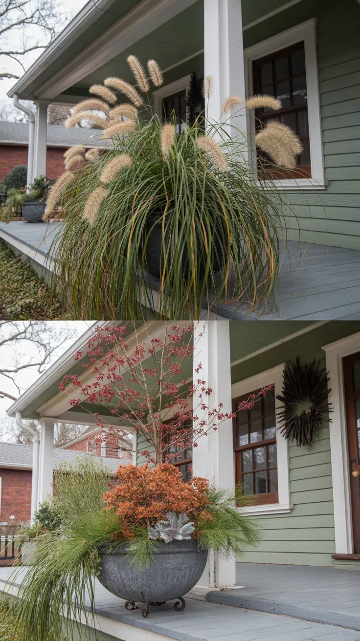 A large porch planter has evolved since September. Purple fountain grass remains, now blonde, Mums replaced over the season with red dogwood stems and dried Bronze fennel