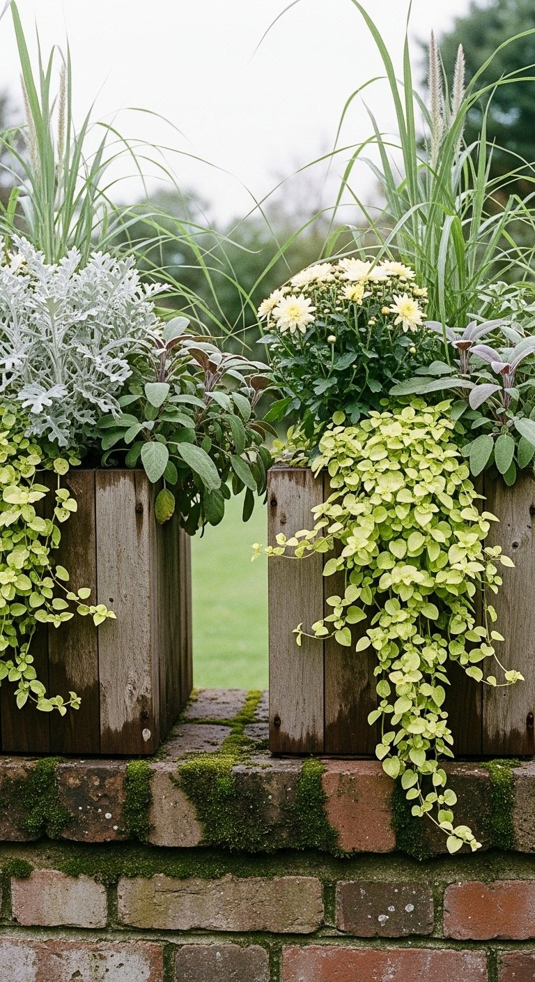 Dusty miller and a fragrant clump of variegated sage, creeping jenny. Both planters have the cream mums and the tall 'Karl Foerster' 