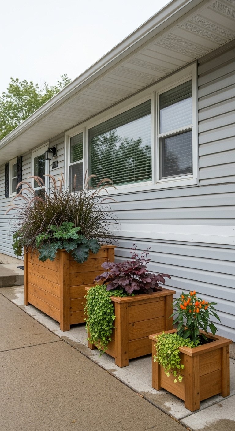 Large planter has purple fountain grass and kale. Medium boxes feature heuchera and trailing vinca. The smallest showcases a single ornamental pepper plant