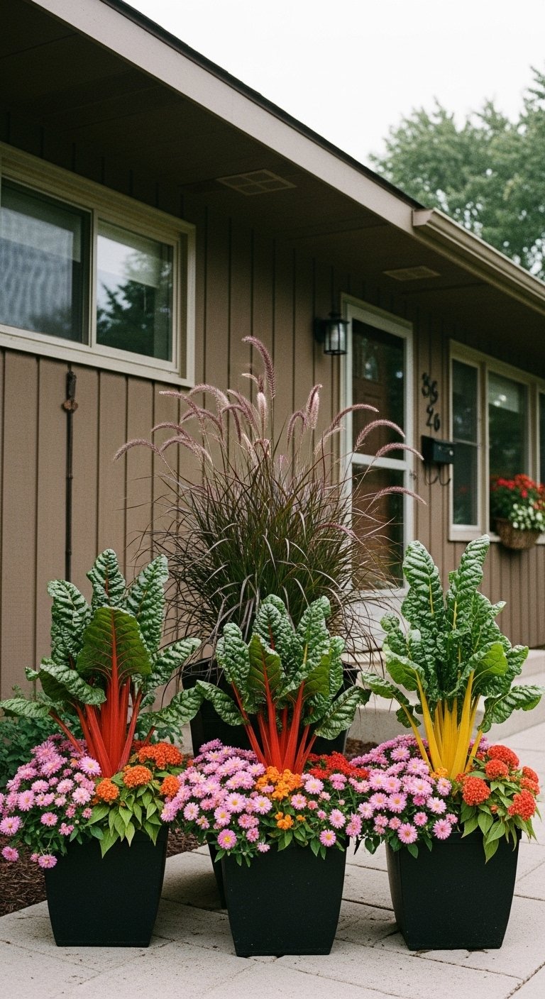 Swiss chard, Purple fountain grass above pink asters and orange celosia