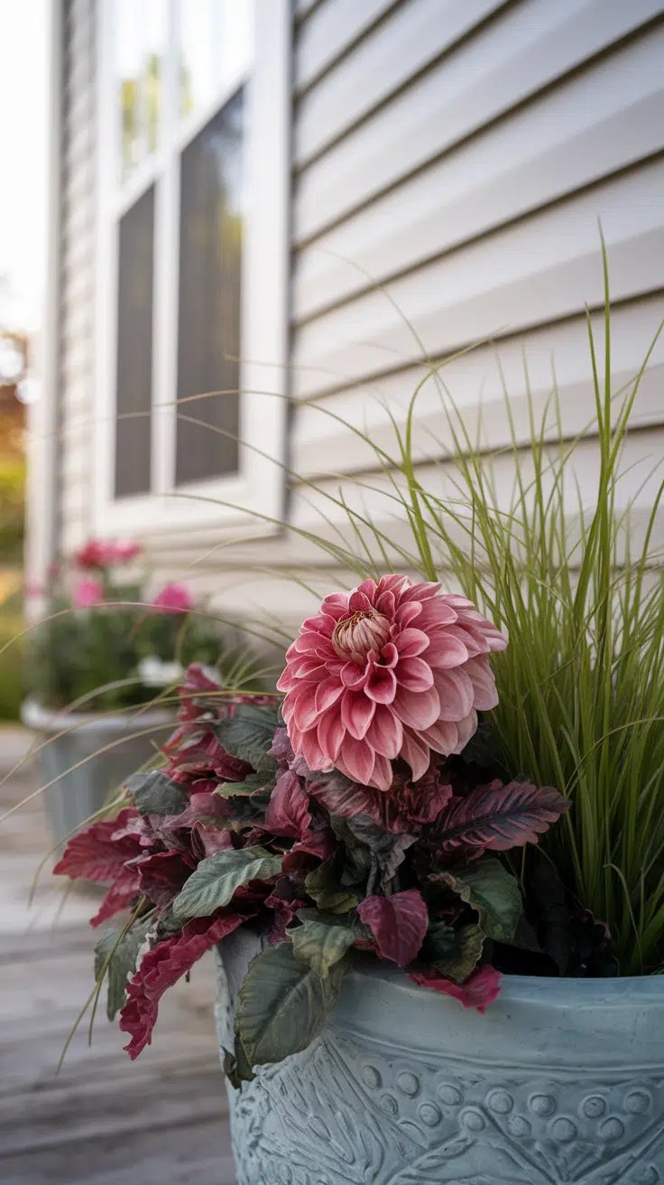 Real ornamental grass with quality artificial burgundy leaves and one silk dahlia
