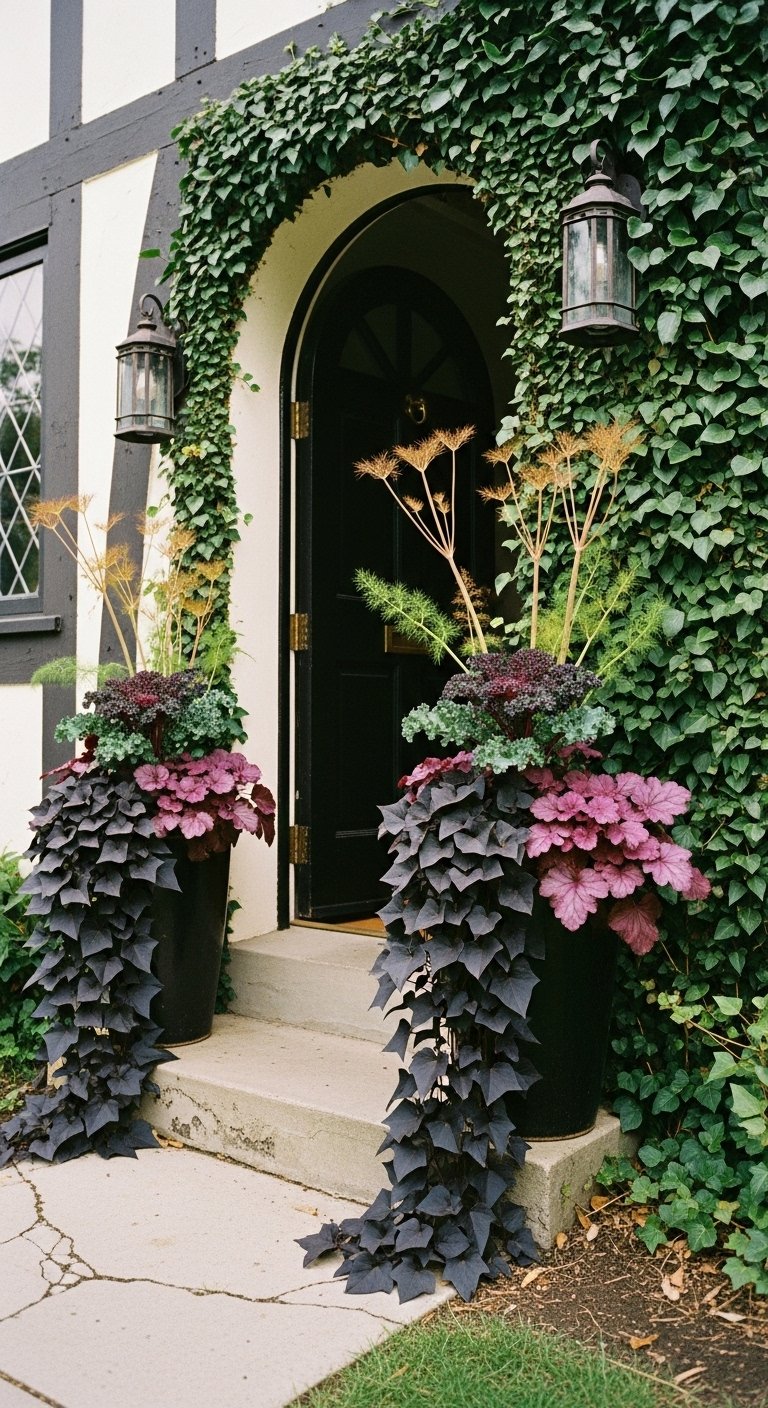 Bronze fennel above burgundy kale and purple heuchera. Black sweet potato vine drapes down