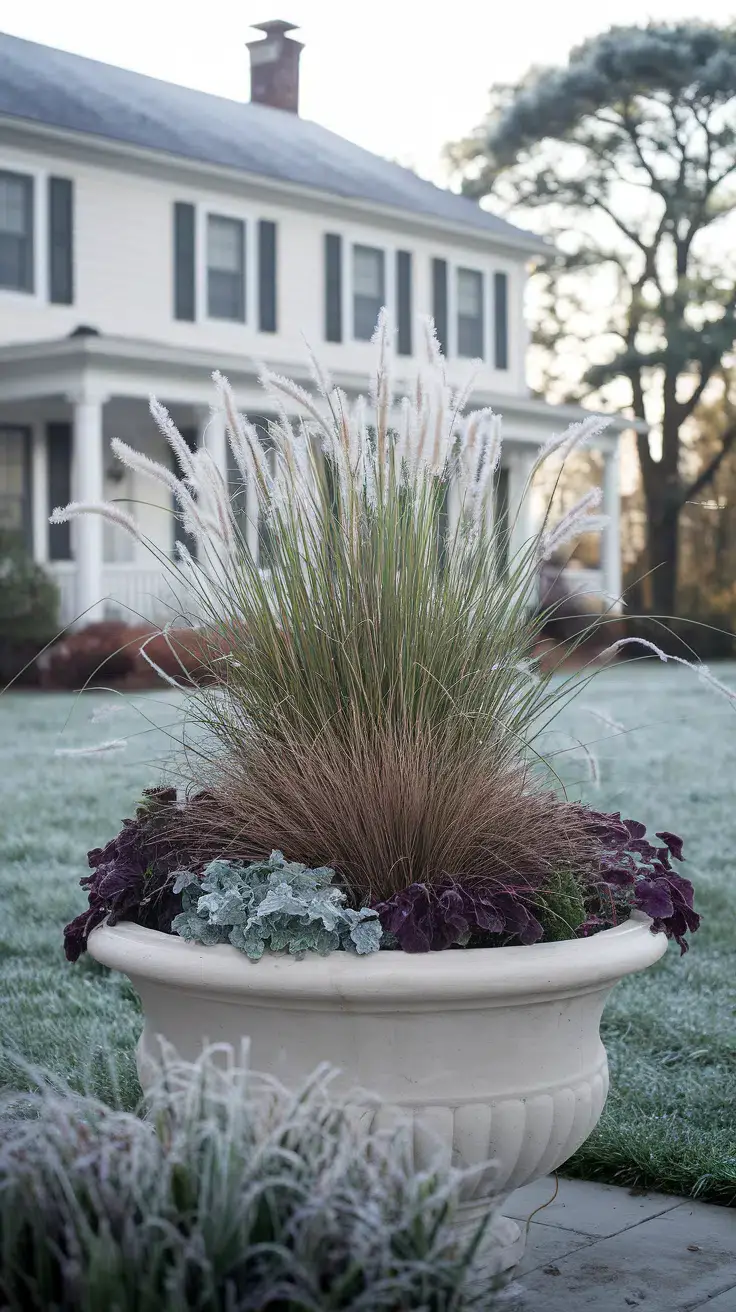 'Karl Foerster' grass stands tall, surrounded by purple heuchera and bronze carex