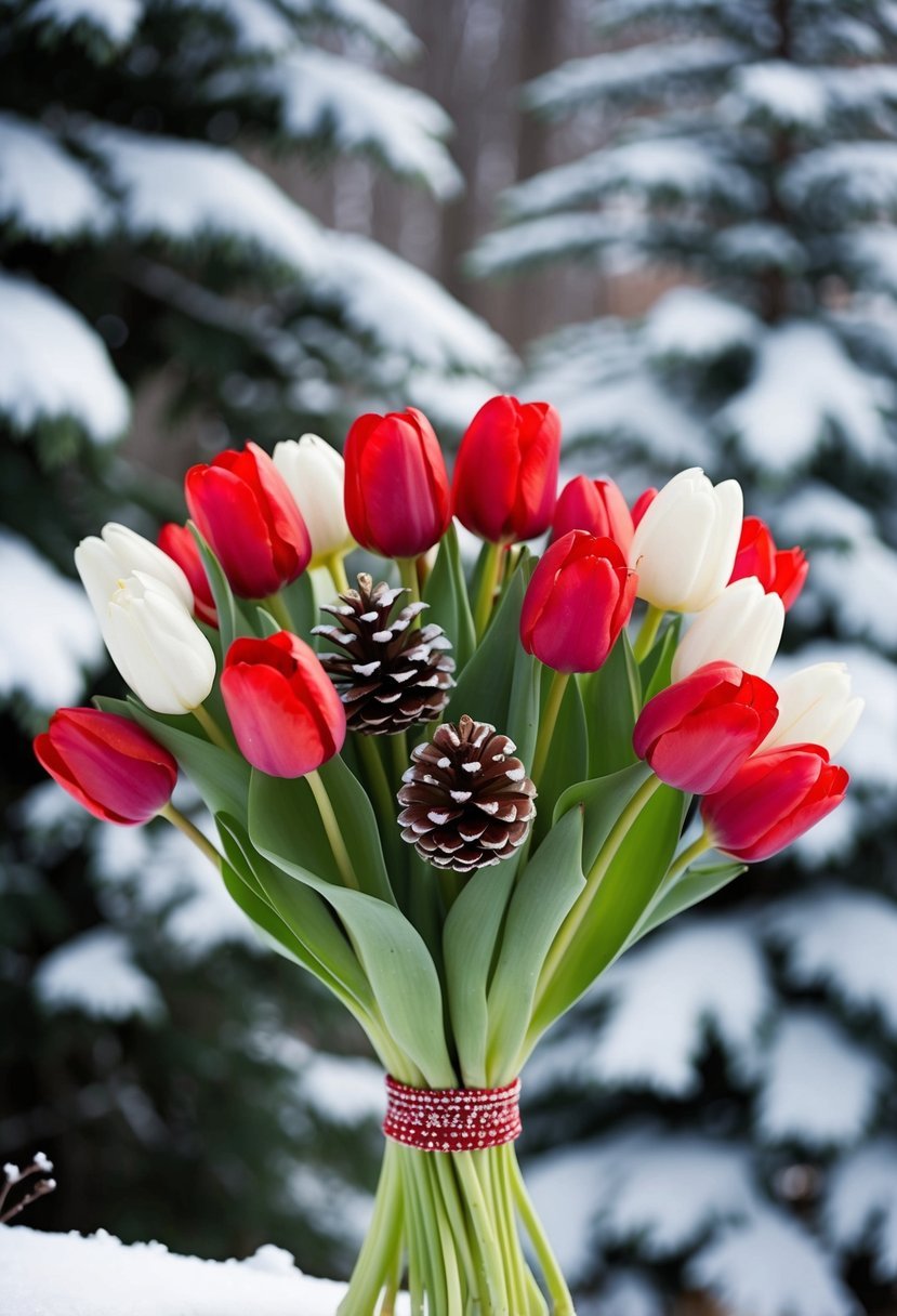 A bouquet of red and white tulips intertwined with pinecones, set against a backdrop of snow-covered evergreen trees