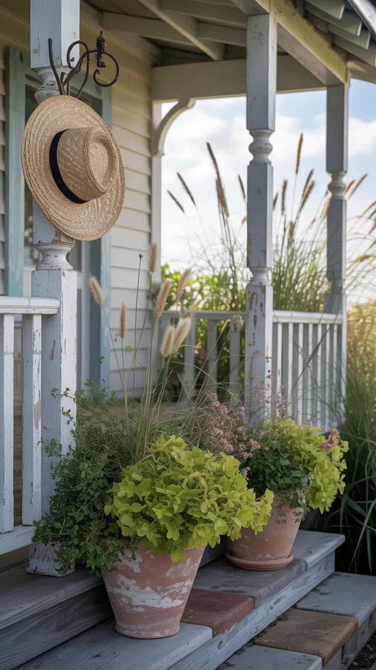 Fall  coastal cottage porch with two mixed containers show sturdy leaves, seed heads, and a few late blooms. Salt spray haze sets a casual tone.