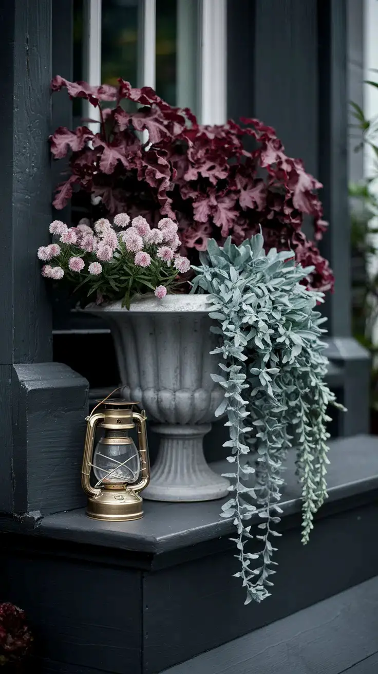 Dark Victorian fall porch planter with  burgundy Heuchera, plum asters, and a cascade of silver Dichondra.