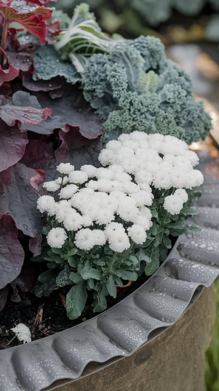 Close up of fall porch planter with white mums, plum Heuchera, and blue-green ornamental kale
