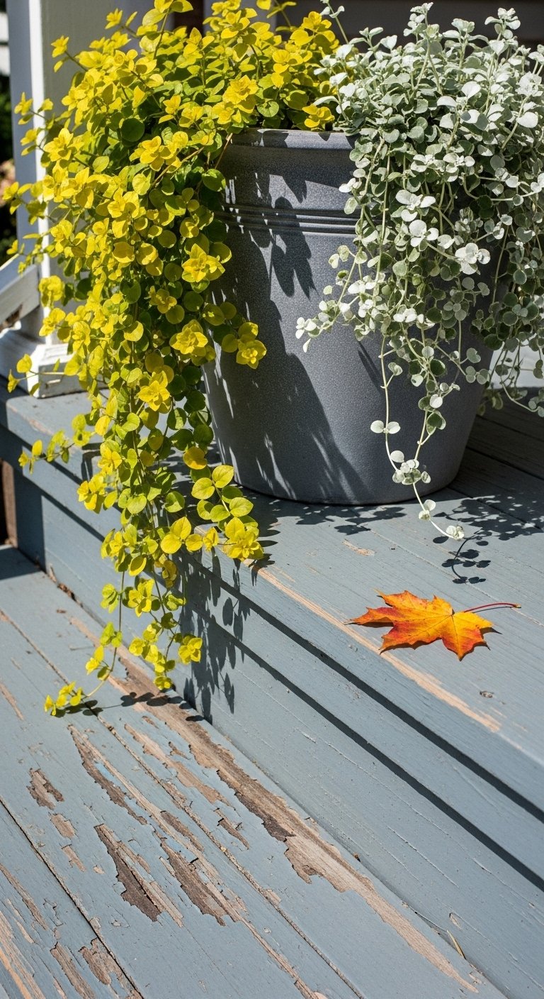Fall porch planter with chartreuse Creeping Jenny pours over one side while silver Dichondra drifts along the other
