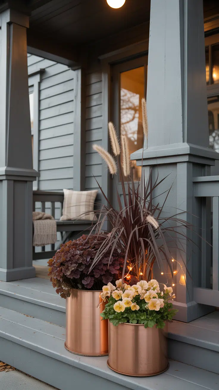 Fall Craftsman porch planters Heuchera (Coral Bells),  grass plumes, and creamy pansies
