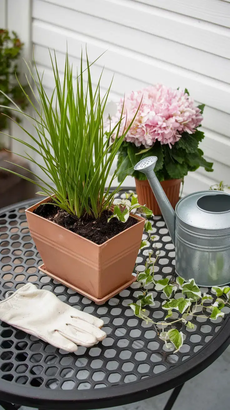 Preparing fall planters with tall grass still in its nursery pot behind it, a mum waiting