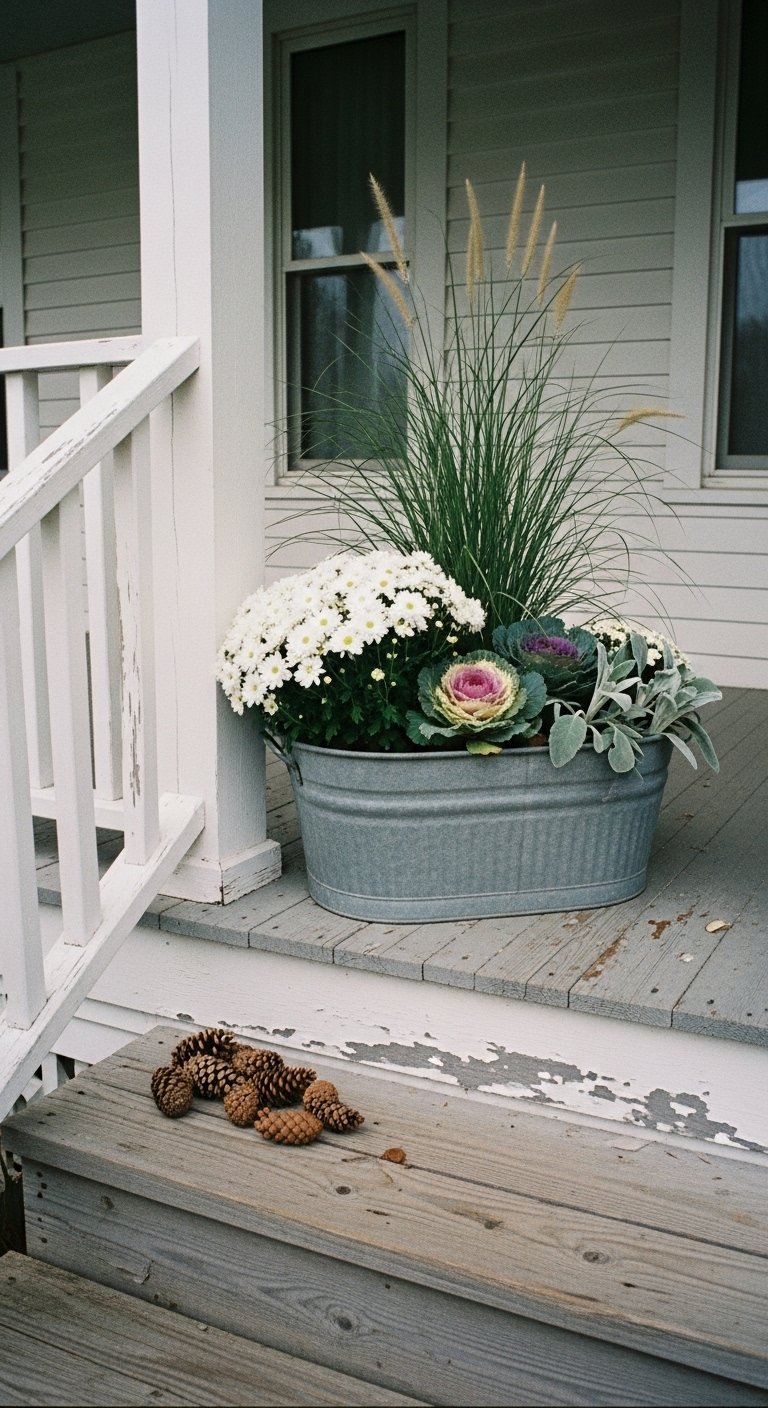 Farmhouse fall porch planter white mums, blue-green cabbage, lamb’s ear, and upright ‘Karl Foerster’ grass