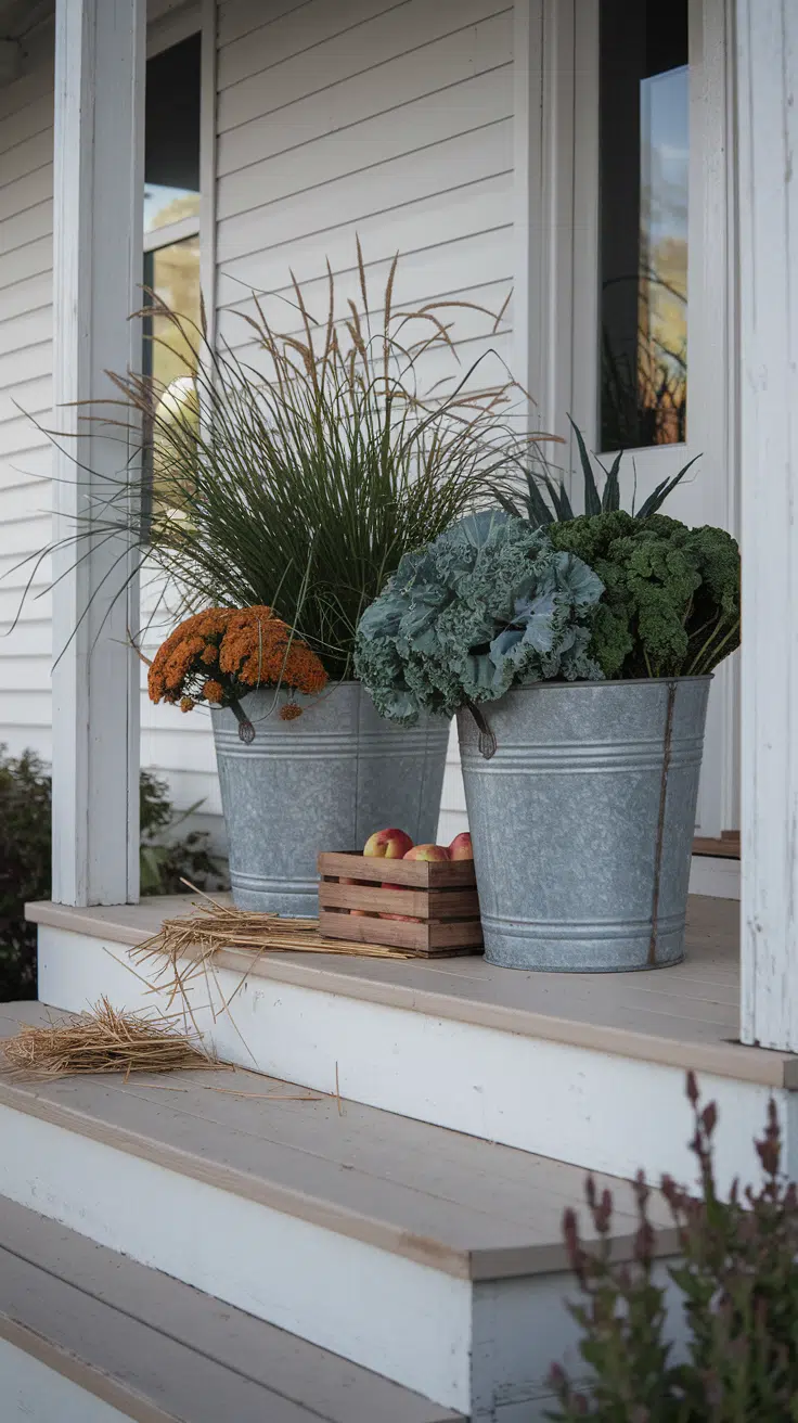 Fall farmhouse porch planters with rust-colored mums, blue-green kale, and a few ornamental peppers