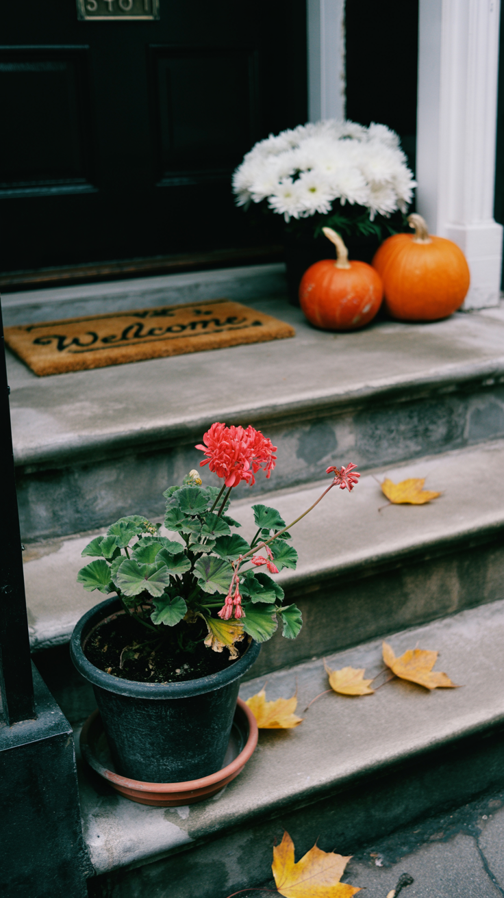Red geranium in a black pot, , grouping of two pumpkins and a tidy white mums