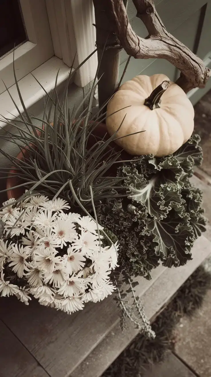 Cottage fall step with planter.Spiky grass, plush white mums, ruffled kale, and a strip of Creeping Jenny trail. A smooth white pumpkin leans near a gnarly branch