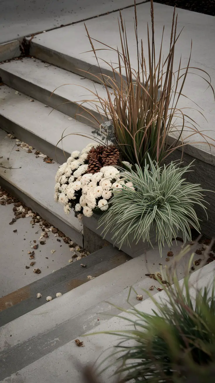 Fall porch planter: Upright reed grass, pillowy mums, silvery Dichondra