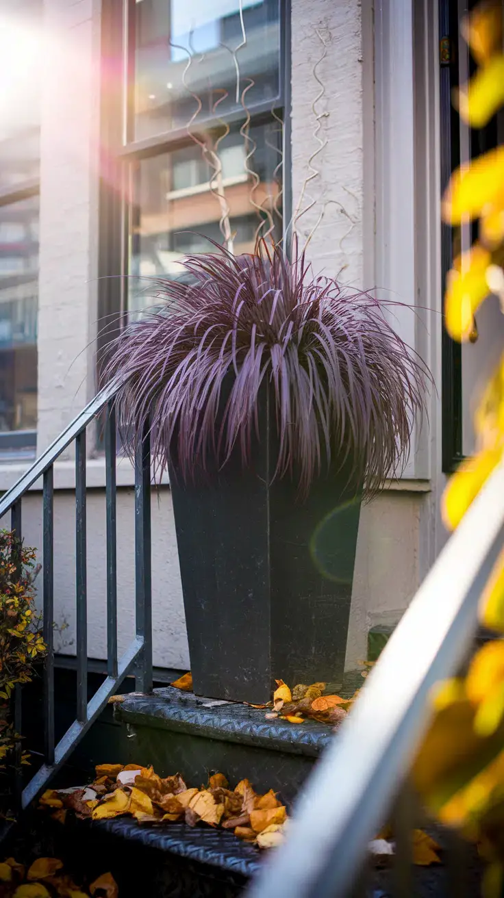 Narrow city stoop fall planter with a single tall black planter. Purple Fountain Grass rises, with a few curly willow wands poking higher