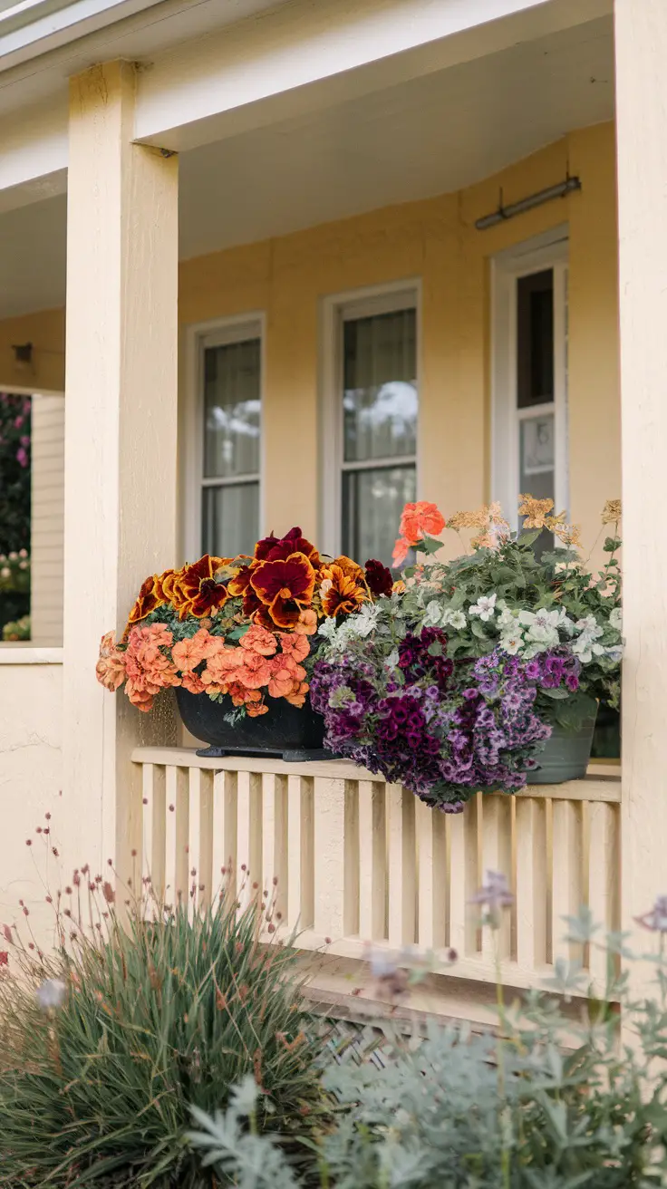 Porch fall planters:  Left planter Pansies, Petunias. Right Geraniums, Dusty Miller, Nemesia or Trailing Verbena