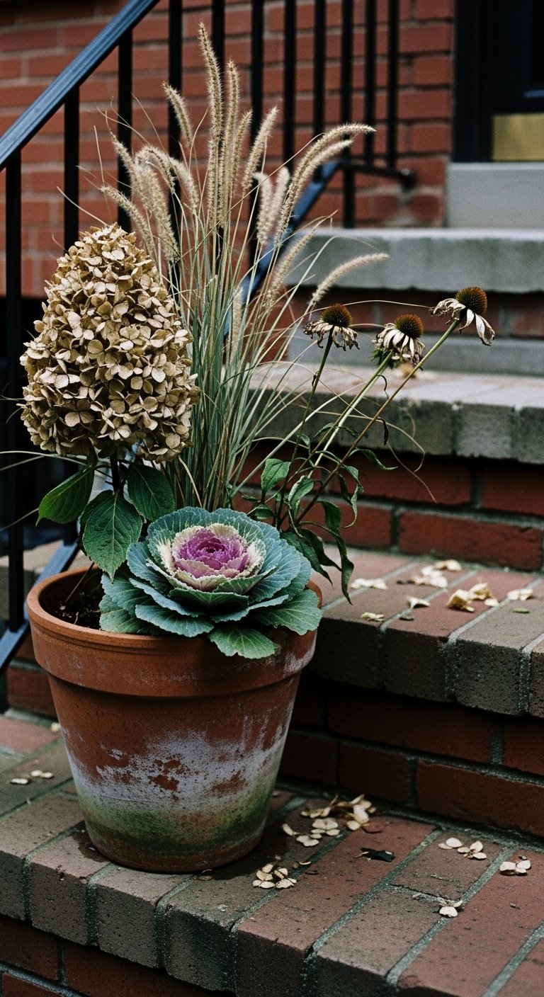 Fall A brick rowhouse stoop planter with tall dried hydrangea head, stiff grass blades, and blue-green ornamental cabbage