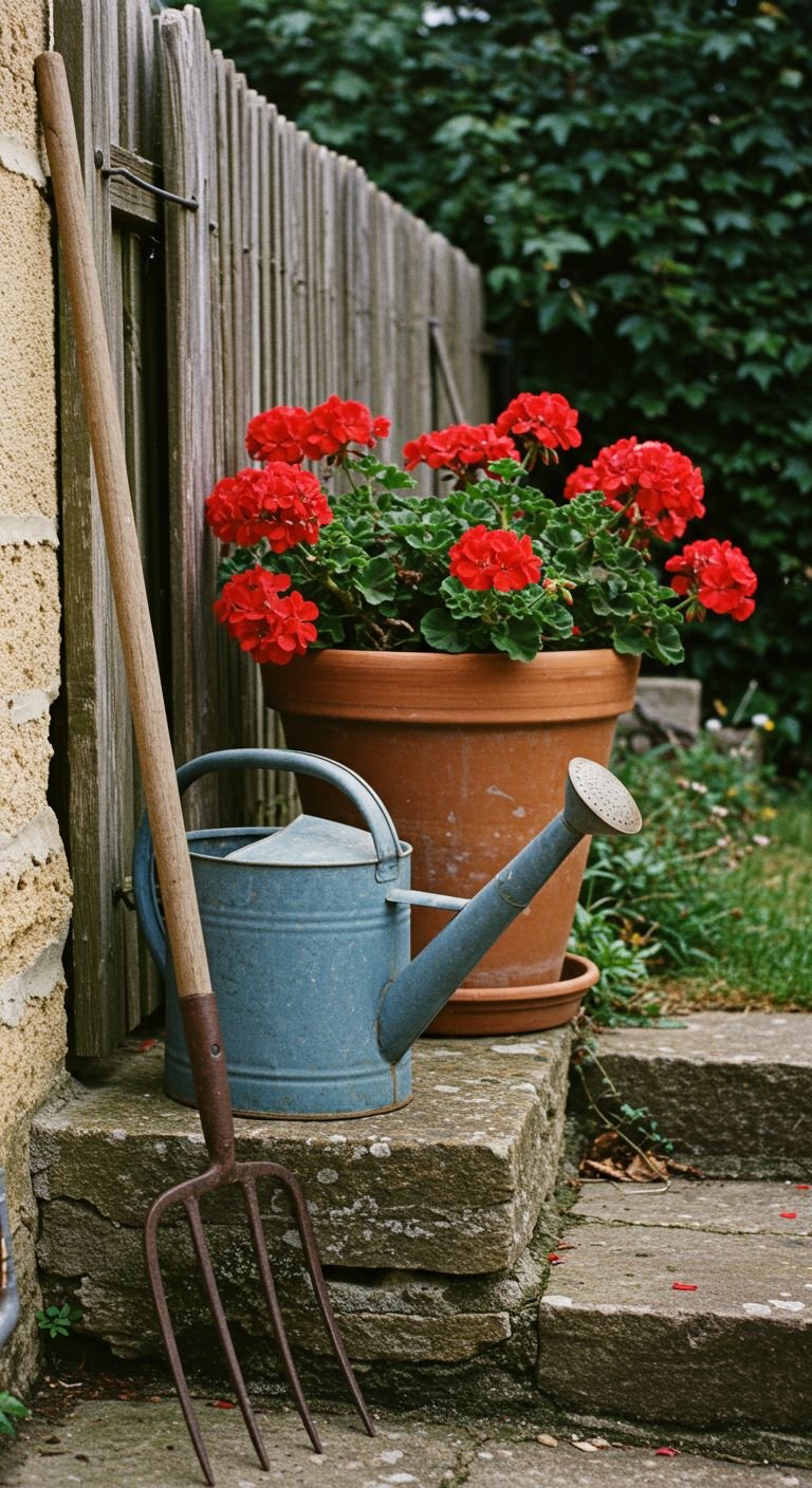 watering can on a stone step beside a terracotta pot with red geraniums
