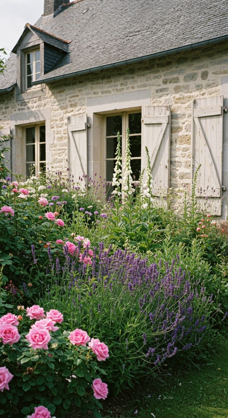 Roses plated with with spikes of deep purple lavender and tall, bell-flowered white foxgloves