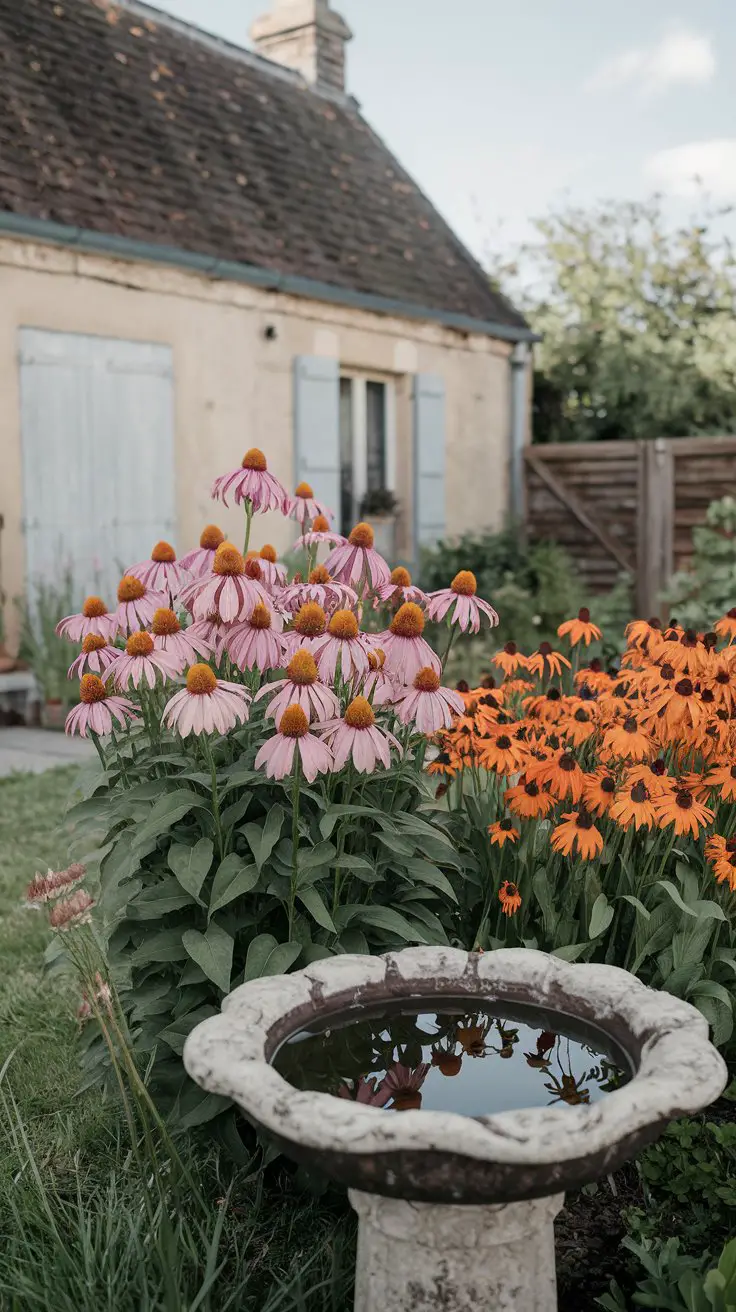 coneflowers and sunny black-eyed Susans with a small stone bird bath