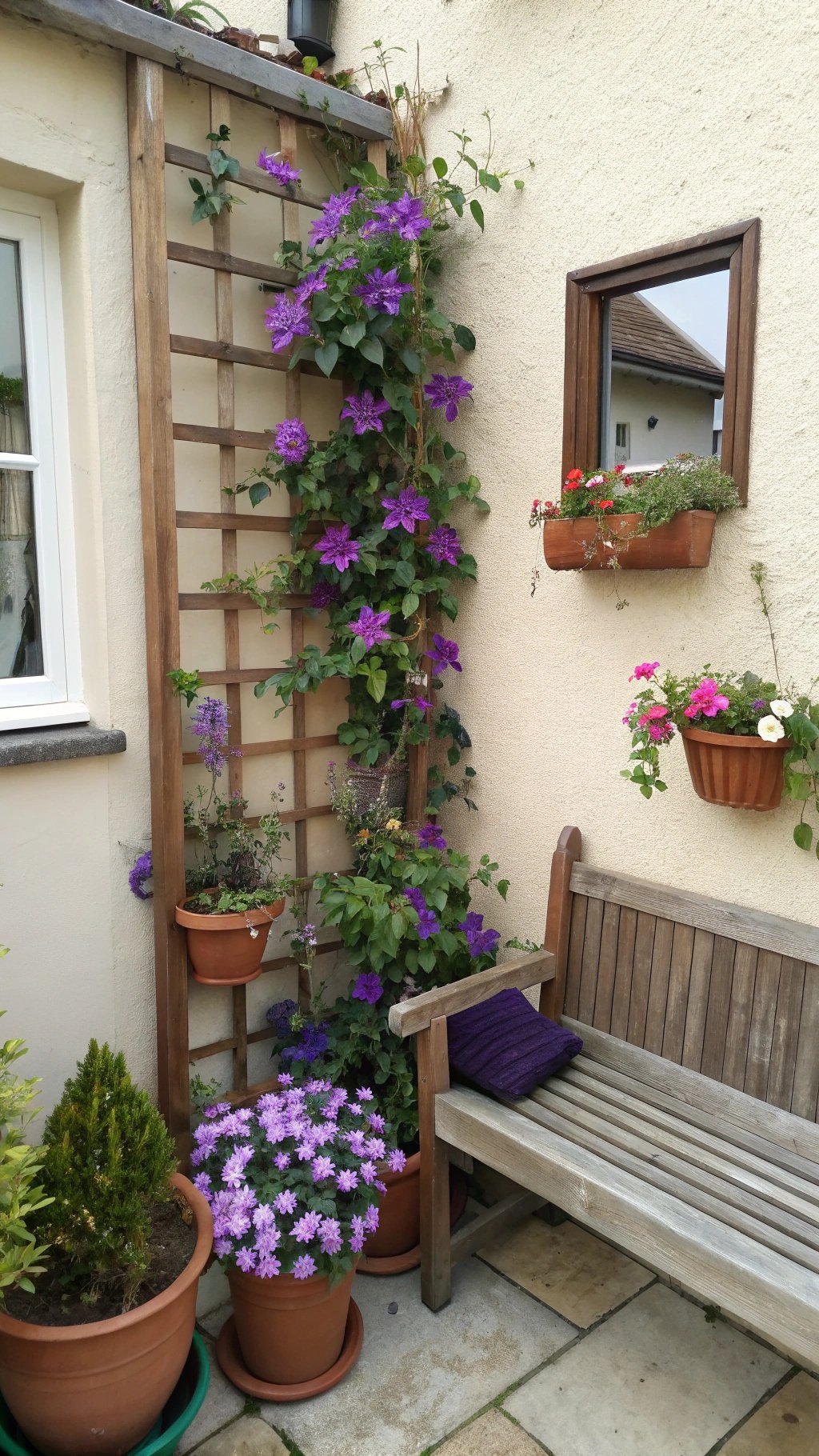 Small French garden themed corner with a narrow wooden trellis against one wall supports a climbing 'Jackmanii' clematis with  purple flowers