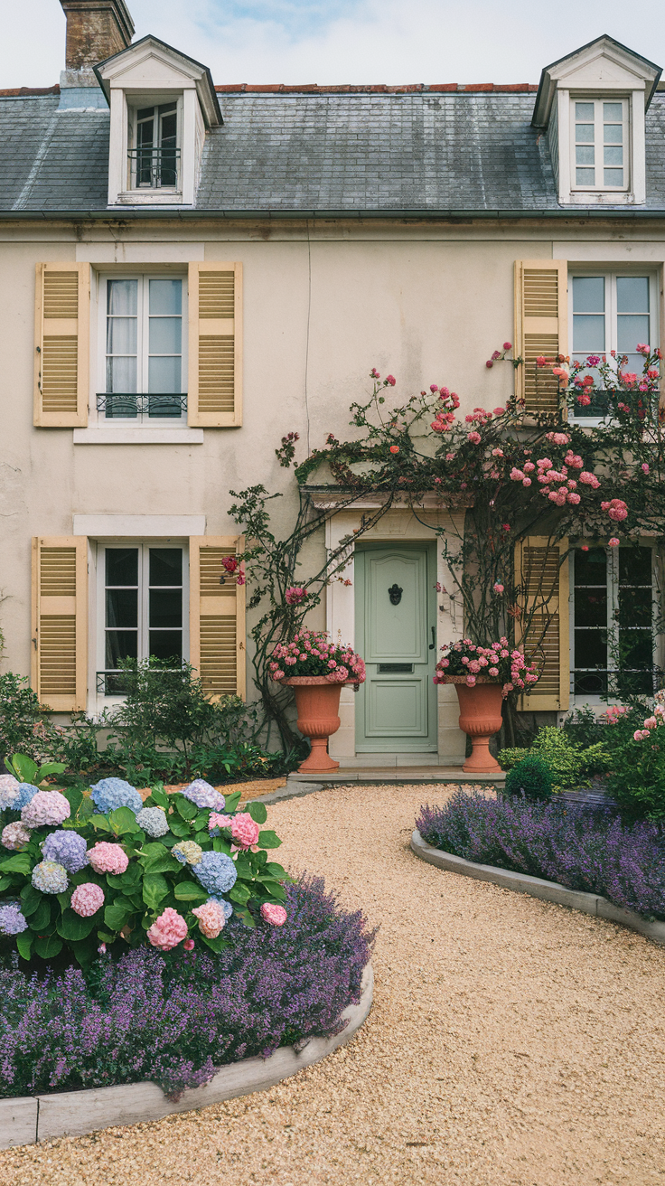 French cottage garden front yard with blue and pink hydrangeas, pink shrub roses, and  purple catmint