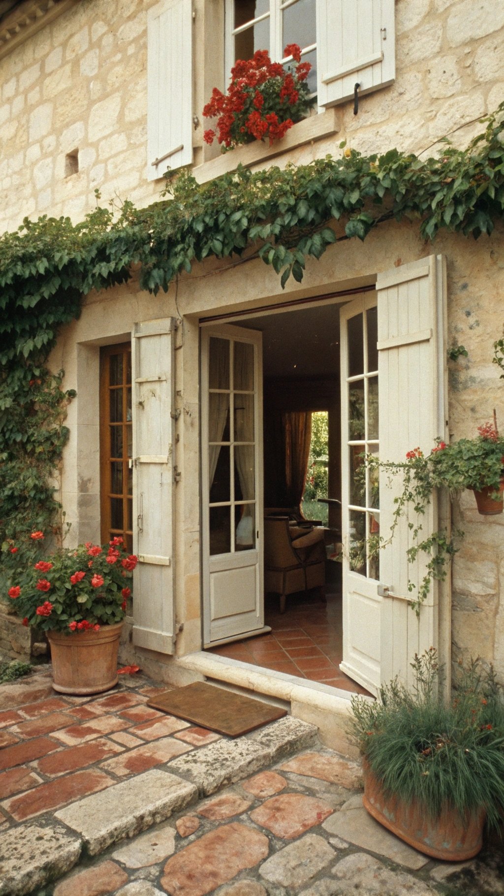 Cream-colored open French doors with terracotta floor tiles to match the pots outside