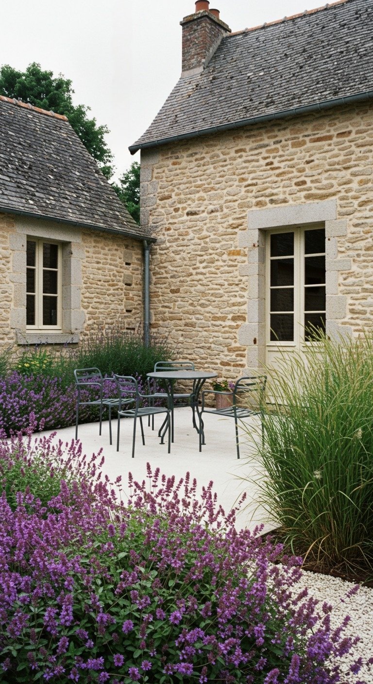 Modern french cottage patio with a seating area with minimalist dark grey chairs