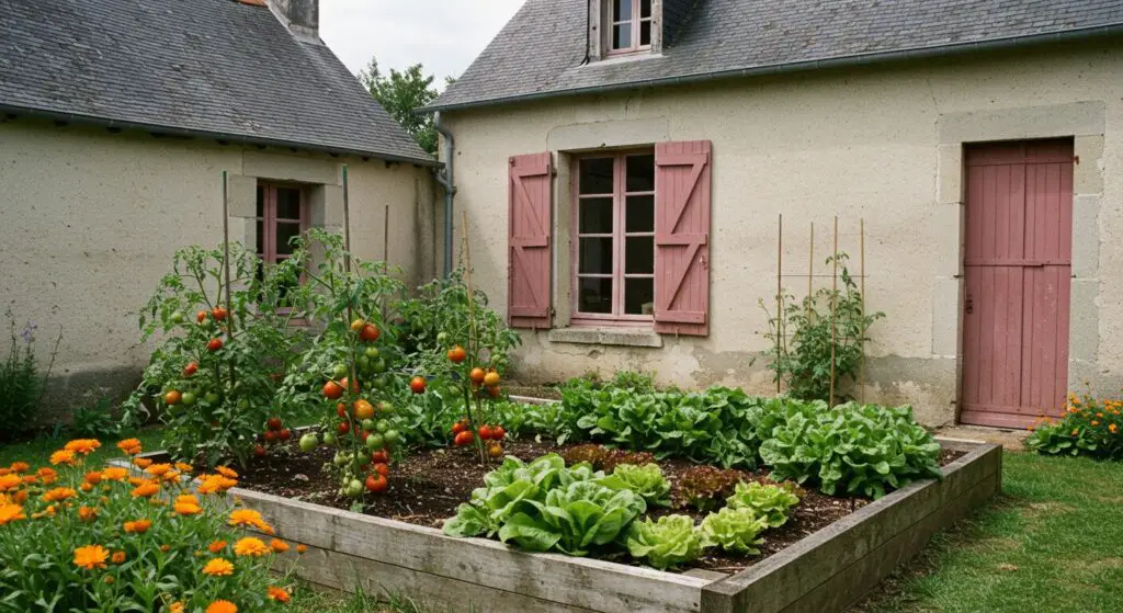 raised bed with tomato plants and leafy green lettuce with orange calendula flowers nearby