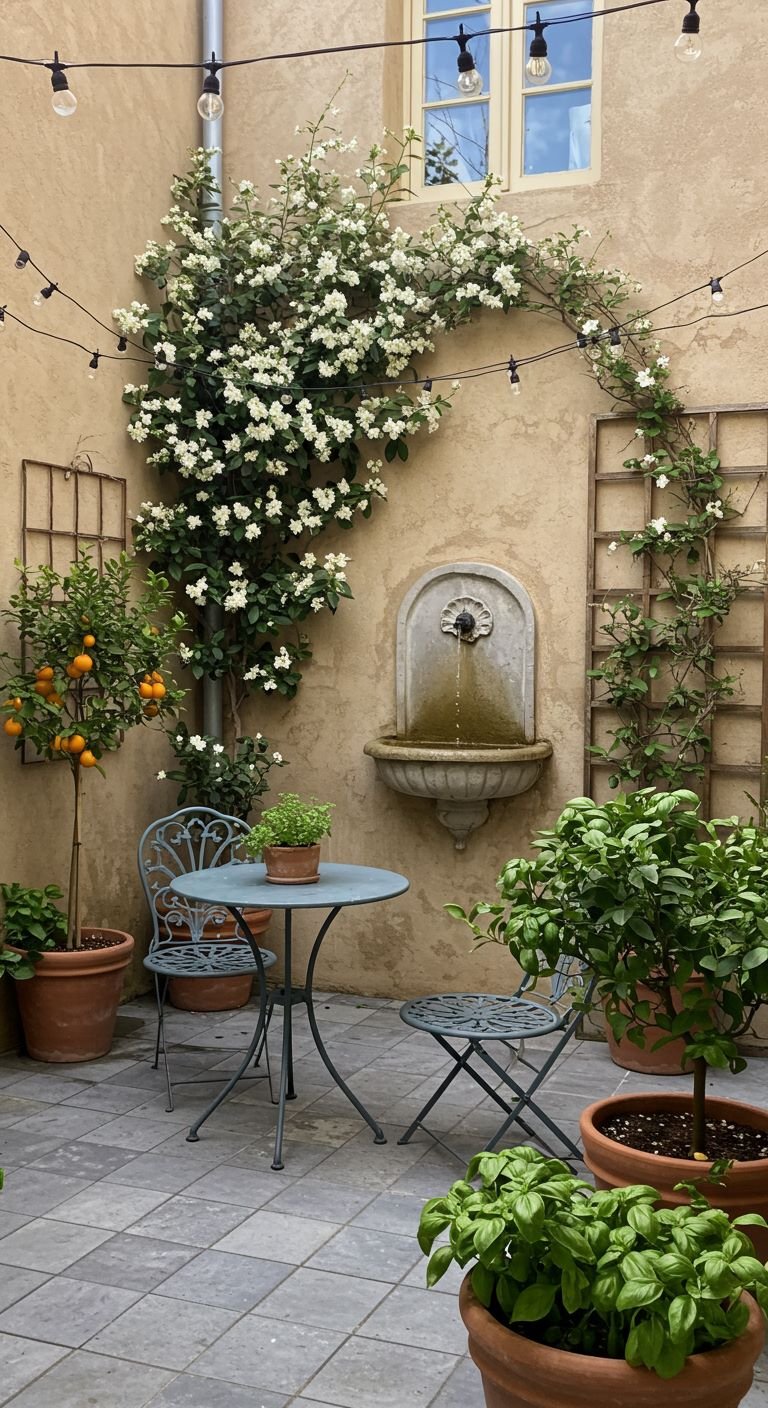 Courtyard with round wrought iron table and two chairs and fragrant white jasmine climbs on the wall