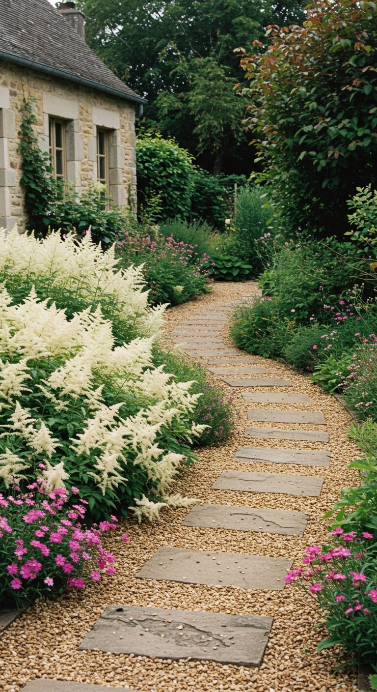  gravel path around a large clump of feathery white astilbe and  Pink dianthus