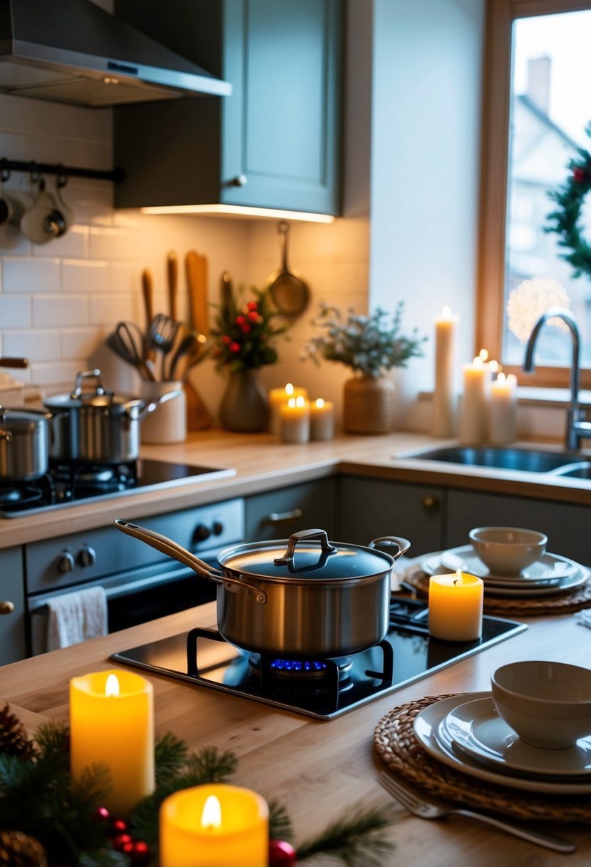 A cozy kitchen with two sets of utensils, a pot simmering on the stove, and a table set for two with candles and festive decorations