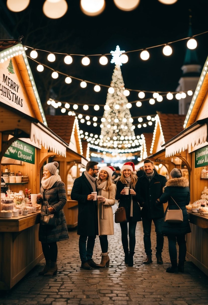 A cozy Christmas market with twinkling lights, festive stalls, and couples enjoying hot drinks and sweet treats